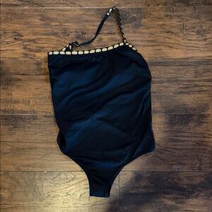 Black One-Piece Swimsuit with Gold Trim